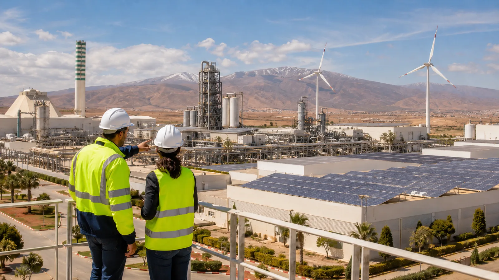 Deux professionnels évaluant un projet de décarbonation industrielle associant photovoltaïque et éolien au Maroc