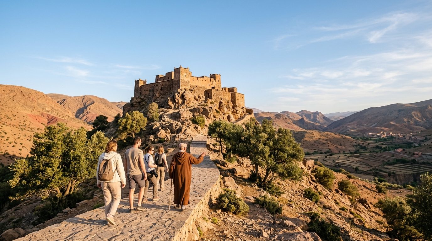 Local guide leading visitors towards an agadir, a fortified collective granary in Morocco’s Anti-Atlas (illustration)